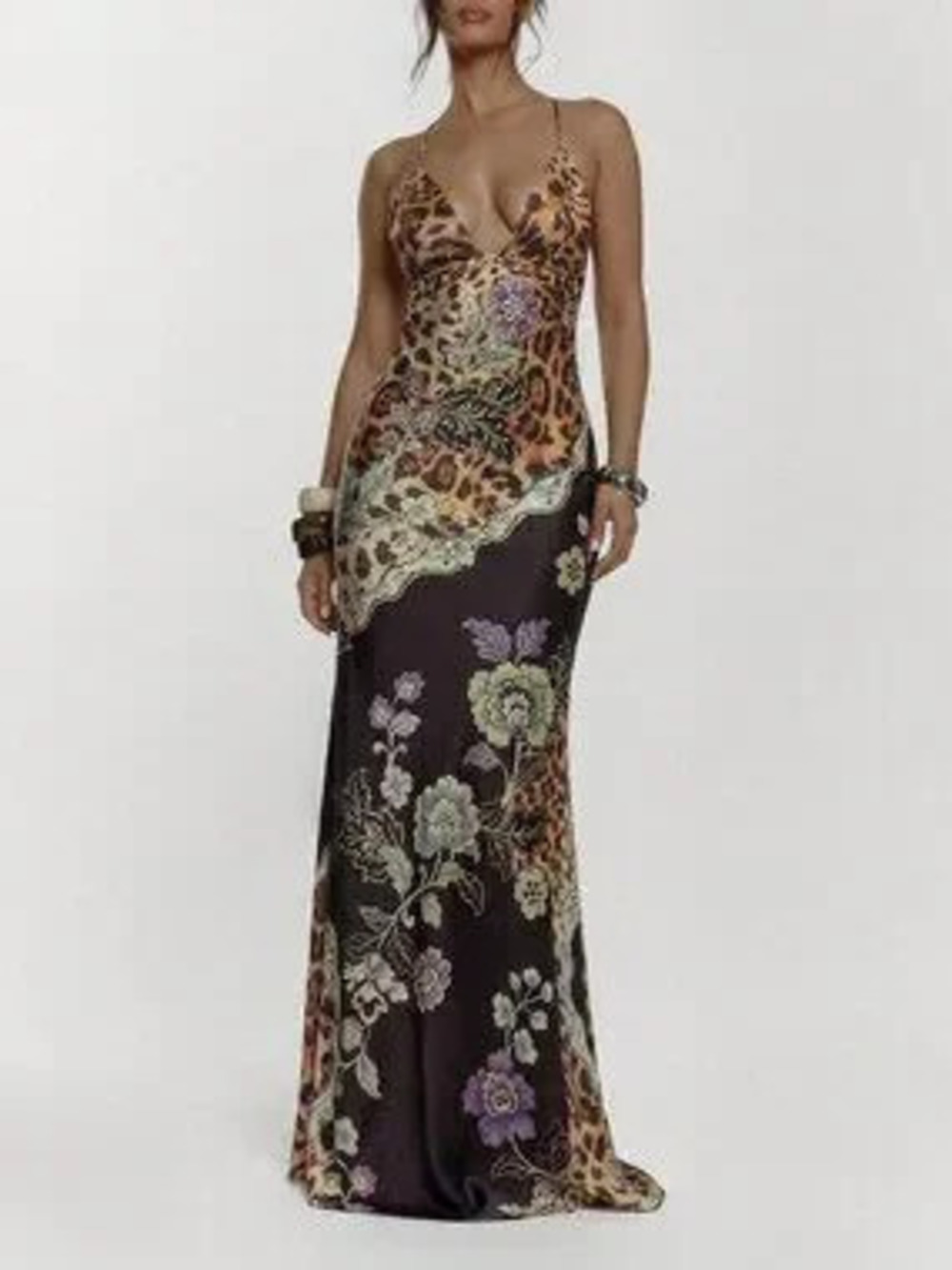 ZARA multicolor Lace-Up Women's Fitted Animal Print Maxi Dress